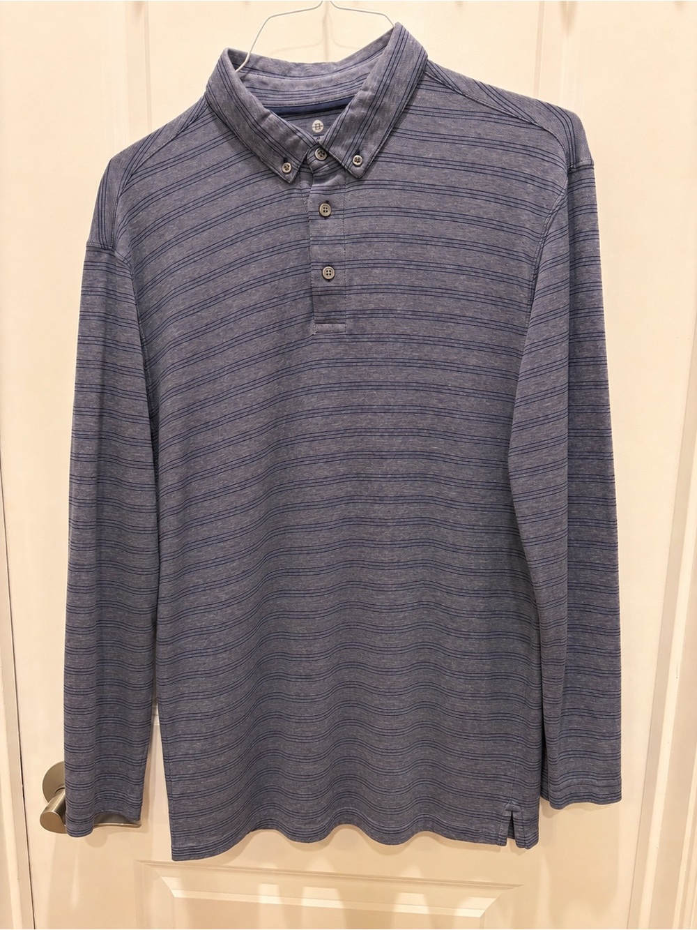 Men's Long-Sleeve Blue Striped Button-Down Collar Polo